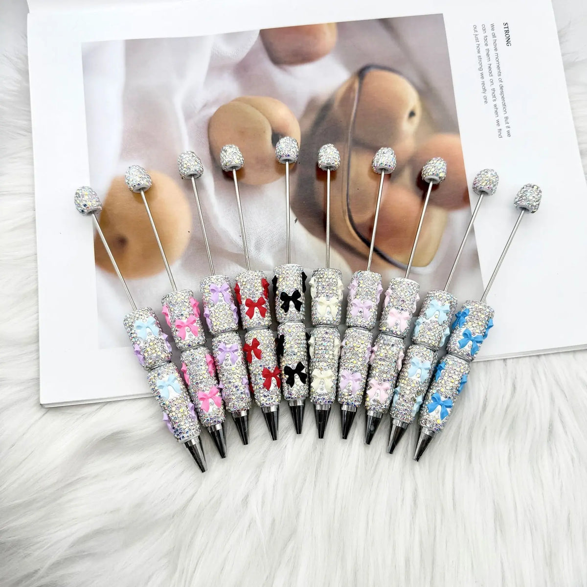 8-Pack DIY Bow Diamond Beaded Pens, Ink Creative Holiday Stationery, Fashion Writing Office Supplies, Elegant Valentine's Gift, Glitter Gel Pens