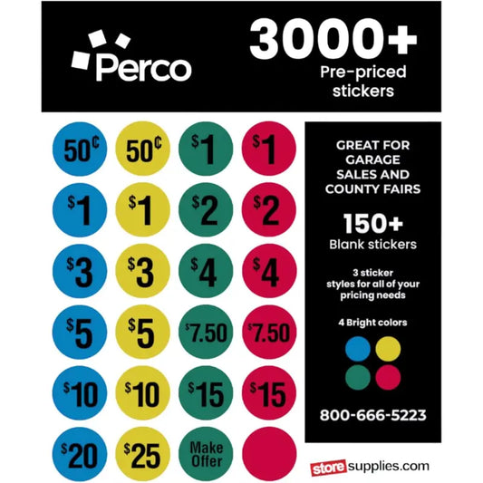 Perco Garage Sale Price Stickers - 3000+ Pre-Priced & 75+ Blank Stickers - Easy-to-Read Price Tags for Yard Sales, Flea Markets, County Fairs & Retail Use - 4 Bright Colors