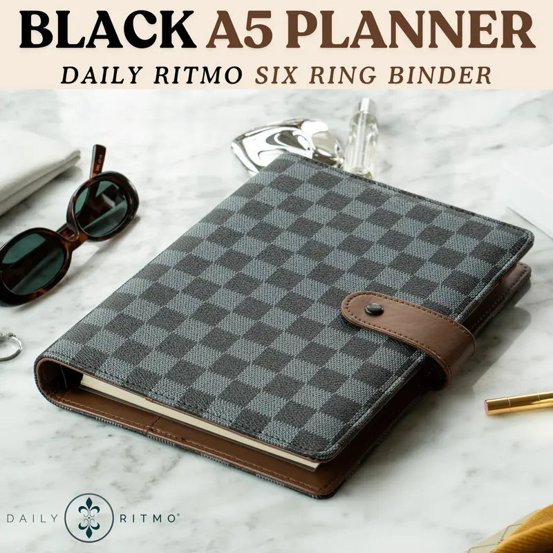 DAILY RITMO A5 Checkered PU Leather Cover 6-Ring Binder - 160-Page 26lb 7"x9" Daily To-Do List Notepad, Easy Care Work Organizer, Planner Accessories, Office Stationery Binder