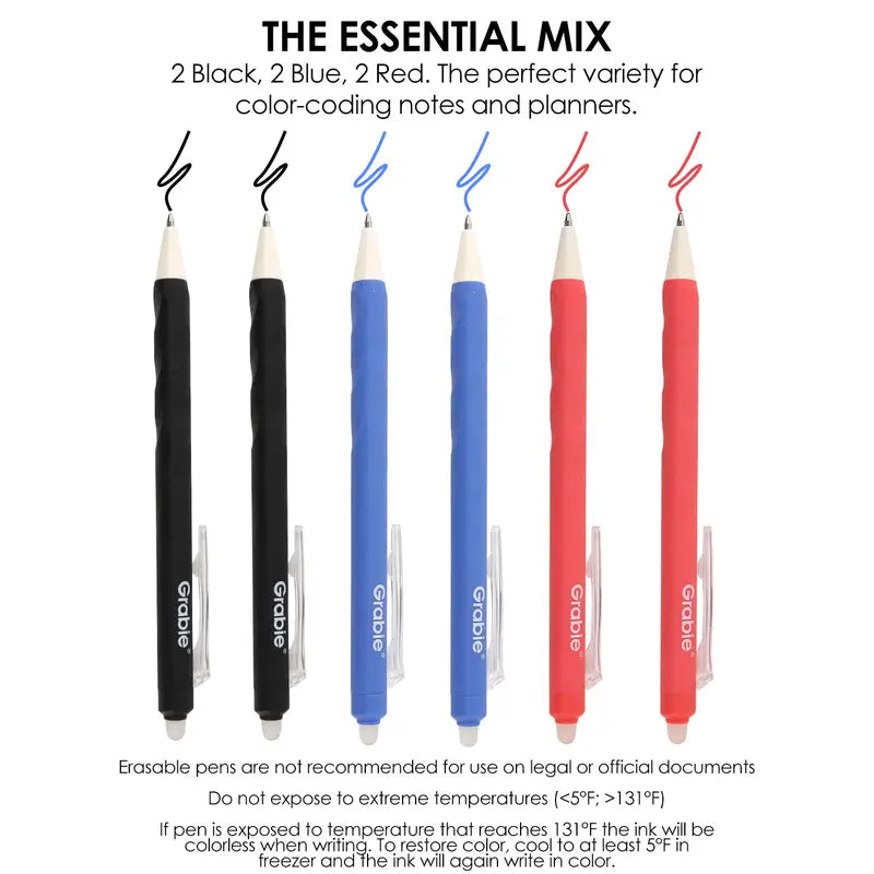 Grabie Medium Point Retractable Erasable Gel Pen Set (6-Pack) - Back to School, Reusable Ink Pens for College & Elegant Students, Note Taking Tools, Reusable Pen, Class Reward Gift Idea, School Supplies