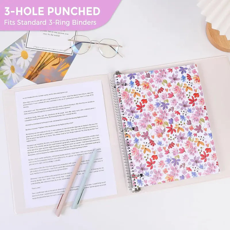 8"x10.5" Spiral Notebook - College Ruled 100 Sheets, 1 Subject Notebook for School & Office, 3-Hole Punched Paper, Floral Design