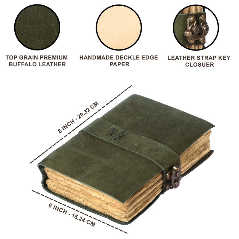 Handcrafted Dark Green Vintage Leather Journal with Lock – 200 Pages Deckle Edge Paper