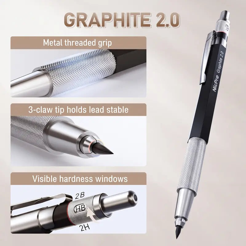 Nicpro Art Drafting Pencils Set, Multi-Size Metal Pencils (0.5/0.7/0.9) & 3-Pack 2mm Lead Holder with 11 Tube 2mm Graphite (6B/4B/2B/HB/2H/4H) Sketching Tool, Lead Refill Kit & Case