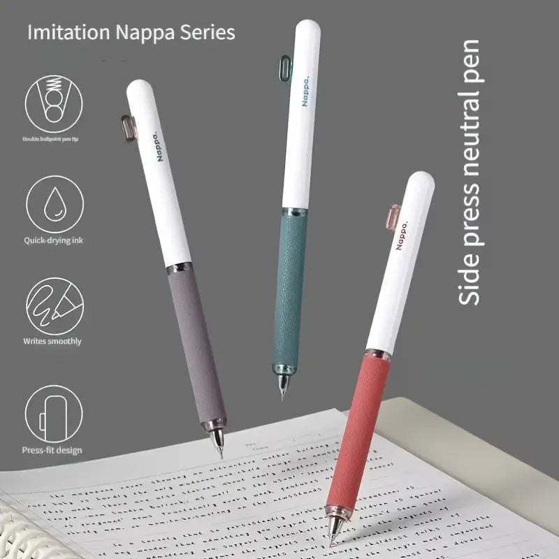 3-Piece High‑end Imitation Nappa Side‑Click Gel Pen Set, 0.5mm Black Ink, Comfortable Grip, Smooth Writing, Quick‑drying Ink, Stylish Vintage Aesthetic, Ideal for Students, Office Use, Writing Stationery
