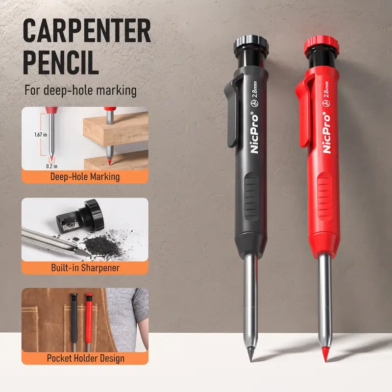 Nicpro Mechanical Pencil Set with Sharpener, 26 Refills Incl., Deep Hole Tip Marker, Heavy Duty Carpenter Pencils for Construction (Black, Red) - With Case