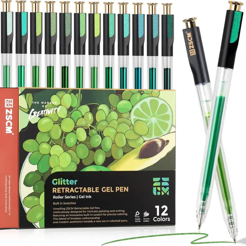 ZSCM Retractable Glitter Gel Pens, 12-Color Large Capacity with Skin Tone Metallic Glitter Ink, 1mm Fine Point, Smooth Stroke, Convenient Storage, Adult Art Supplies with Retractable Design Suitable for Coloring and Writing