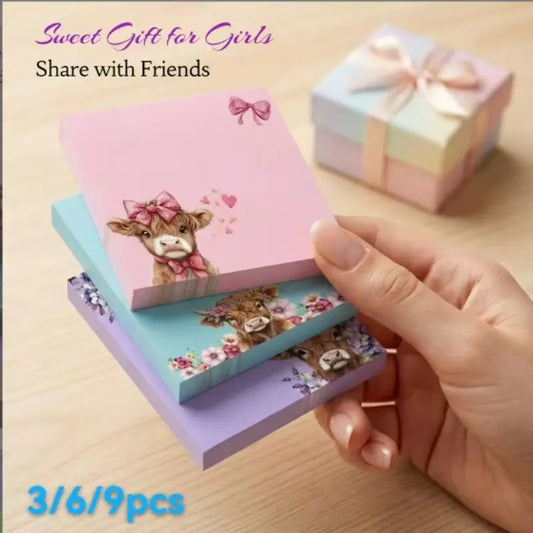 Highland Cow Sticky Note Set, Aesthetic Memo Pad Gifts for Girls (3 X 50 Sheets), Cute Cow Design, Fun Office, Work, School & Study Supplies, Sticky Notes Stationery