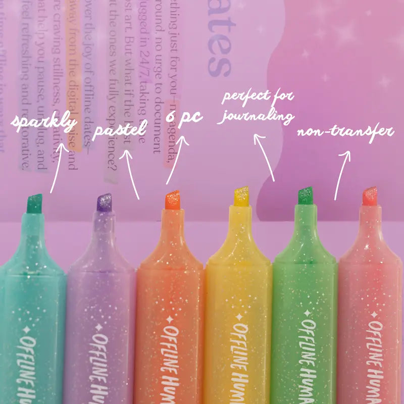 Pastel Glitter Highlighters 6-Piece Set with Soft Shimmer & Fast-Drying Ink for Journaling & Planning