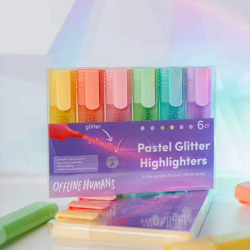 Pastel Glitter Highlighters 6-Piece Set with Soft Shimmer & Fast-Drying Ink for Journaling & Planning