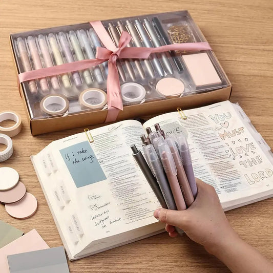 Mr. Pen Selah Collection Gift-Boxed Bible Journaling Kit - 8 Gel Highlighters, 3 Decorative Washi Tapes, 6 Precision Black Gel Ink Pens, Sticky Notes, Vellum Tabs, Pencil Pouch, Paper Clips for Bible Study Supplies, Office Stationery