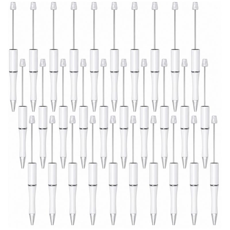 50 Pcs Plastic Beadable Pen Bulk Kit 50 Bead Ballpoint Shaft Black Ink Beaded Pens with 50 Refills for DIY Making Christmas Holiday Gift for Youngers Student Office