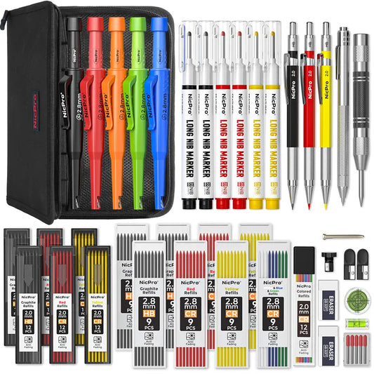 Nicpro CP3000 Series Mechanical Carpenter Pencil Set - 2.0mm, Sharpener, Refills, Deep Hole Long Tip Markers, Carbide Scriber (Marks Glass & Metal), Office Stationery, Drawing Supplies for Handyman Woodworking Precise Marking