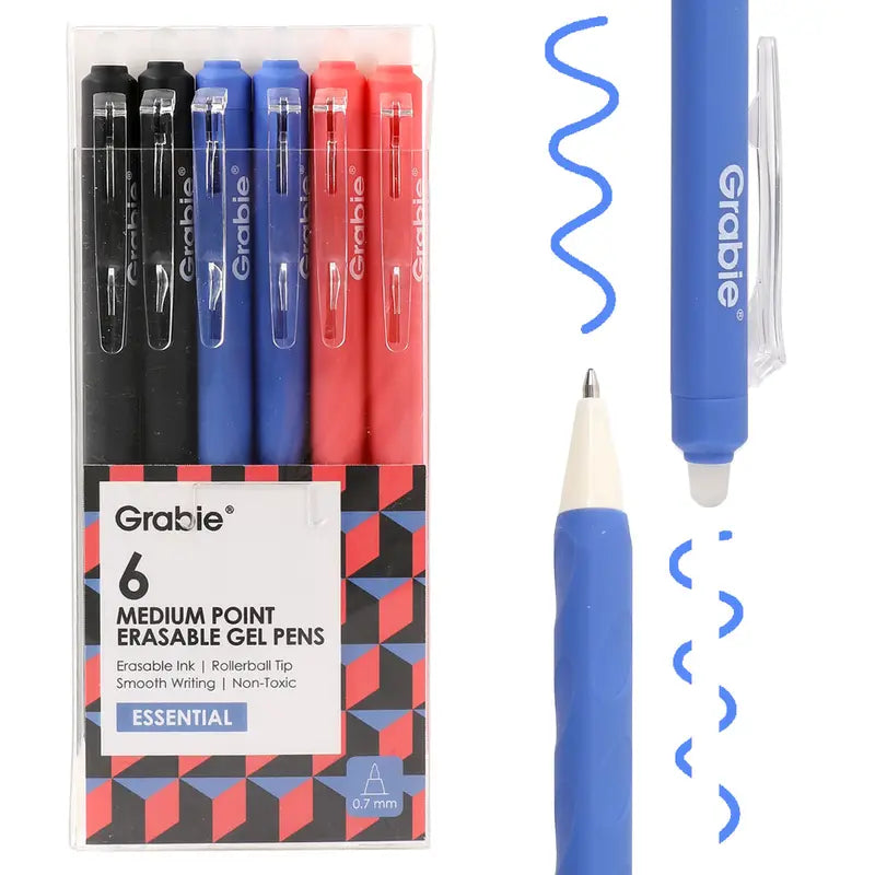 Grabie Medium Point Retractable Erasable Gel Pen Set (6-Pack) - Back to School, Reusable Ink Pens for College & Elegant Students, Note Taking Tools, Reusable Pen, Class Reward Gift Idea, School Supplies