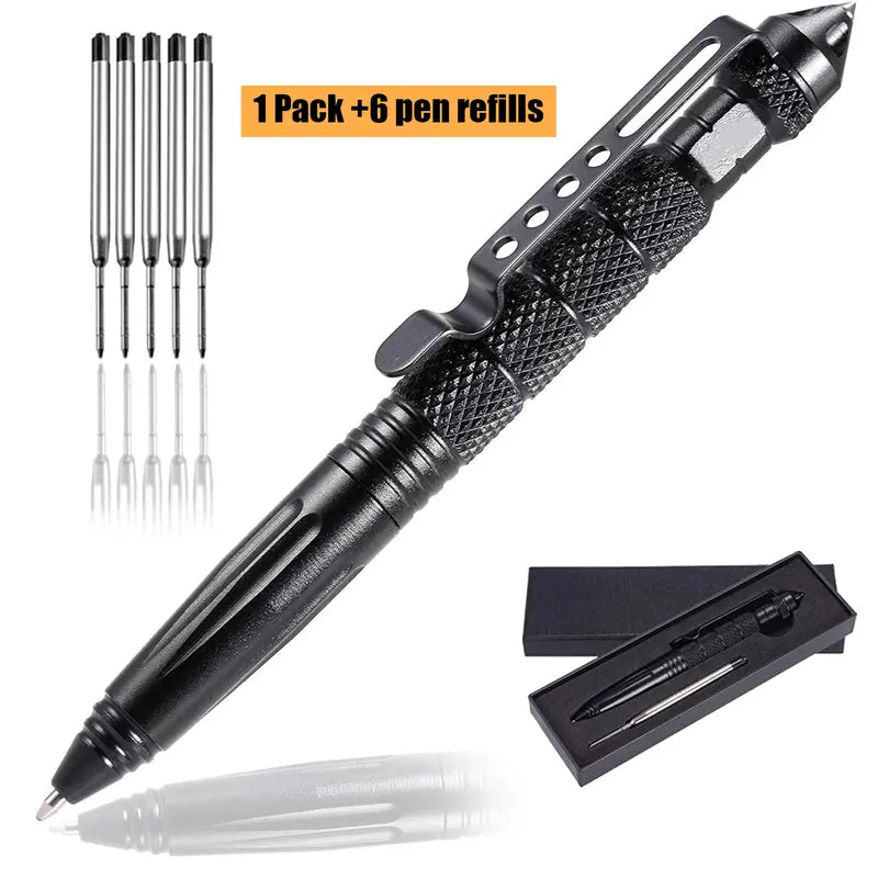 Multi-Functional Emergency Specialty Replaceable Ink Pen - Tungsten Steel Tip, Tungsten Cap, Aerospace-Grade Aluminum Body, Discreet Threaded Grip Feels Secure, 6 Stainless Refills, Gift-Packaged Office Stationery for Professionals, Outdoor Use