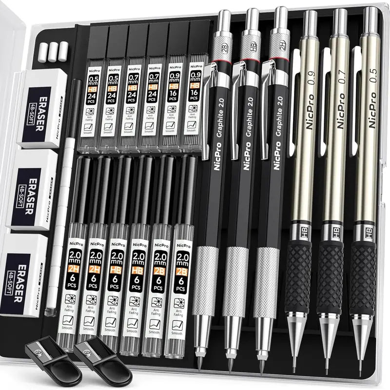 Nicpro Art Drafting Pencils Set, Multi-Size Metal Pencils (0.5/0.7/0.9) & 3-Pack 2mm Lead Holder with 11 Tube 2mm Graphite (6B/4B/2B/HB/2H/4H) Sketching Tool, Lead Refill Kit & Case