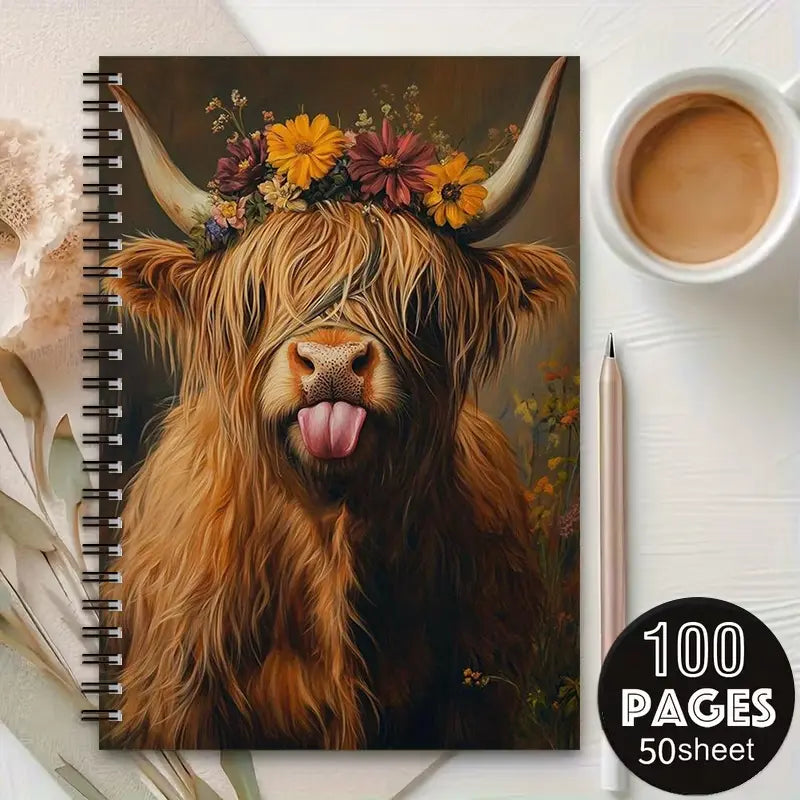 1 Spiral Notebook, 5.7x8.26 inch, Highland Cow Design, Aesthetic Notebook, Perfect for Daily Journal, Travel Notes, Camping Log, Birthday Gift, Christmas Present, Stationery for Cow Lovers, Students, Office Workers, Durable Spiral Binding