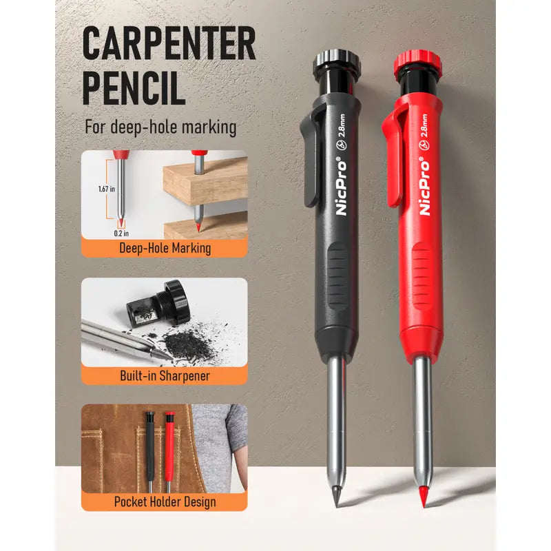Nicpro 6+40 Pieces Mechanical Pencils Refill Kit - Heavy Duty Portable Pencils Set with Sharpener, Automatic Center Punch, Carbide Scribe Tool & Case for Architects