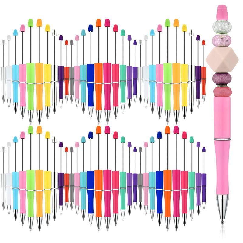 50 Pcs Plastic Beadable Pen Bulk Kit 50 Bead Ballpoint Shaft Black Ink Beaded Pens with 50 Refills for DIY Making Christmas Holiday Gift for Youngers Student Office