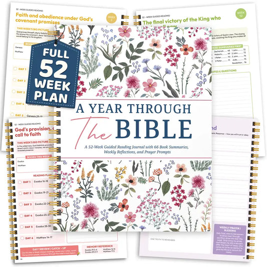 A Year Through The Bible Journal, 52 Week Bible Study Guide, Spiral Bound Bible Reading Plan with 66 Book Summaries, Devotional Journal, Prayer & Reflection Notebook for Women Adults Teens