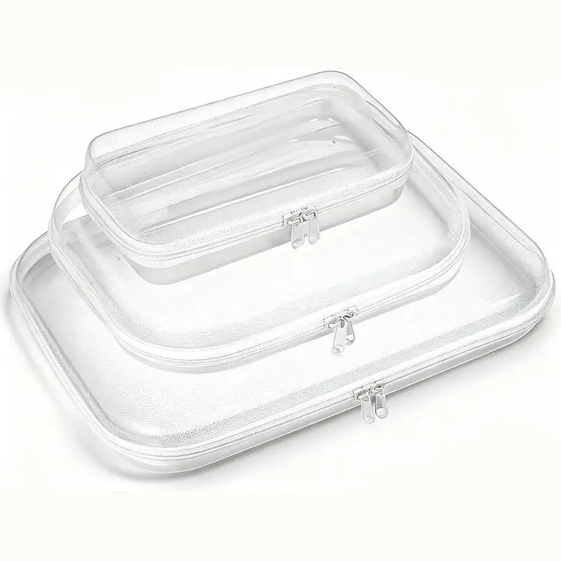 3-Pack Compact Hard PVC Resists Wear Waterproof Hard Shell Double Zipper Pouch - Rounded Edges Safer, Stationery Kitchen Utensil Storage Organizer, Desk Clutter Tamed, Easy to Pack for Trips and Commutes