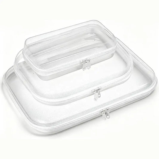3-Pack Compact Hard PVC Resists Wear Waterproof Hard Shell Double Zipper Pouch - Rounded Edges Safer, Stationery Kitchen Utensil Storage Organizer, Desk Clutter Tamed, Easy to Pack for Trips and Commutes