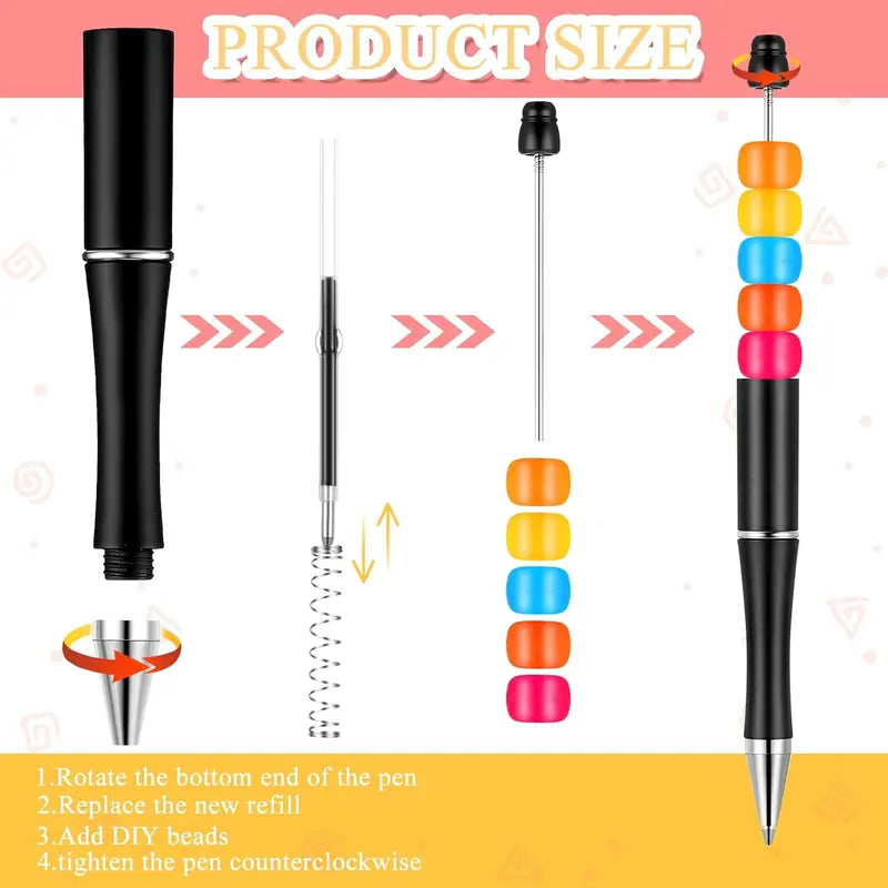 50 Pcs Plastic Beadable Pen Bulk Kit 50 Bead Ballpoint Shaft Black Ink Beaded Pens with 50 Refills for DIY Making Christmas Holiday Gift for Youngers Student Office