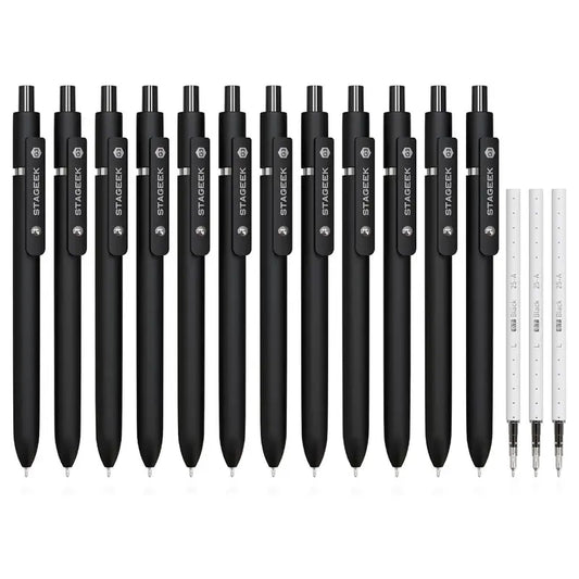 STAGEEK GX3 0.7mm Black Gel Ink Pens & Refills Set (12ct) - Quick Drying, Ergonomic Grip, Durable Pen Clip, 3 Extra Refills, Office Accessories for School Note Taking
