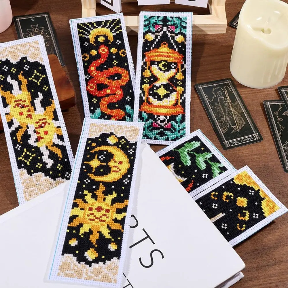 6-Piece Tarot Cross-Stitch Bookmark Kit, Creative Fabric Bookmarks, Includes Printed Fabrics, Embroidery Thread & Embroidery Tools, Ideal for Beginners