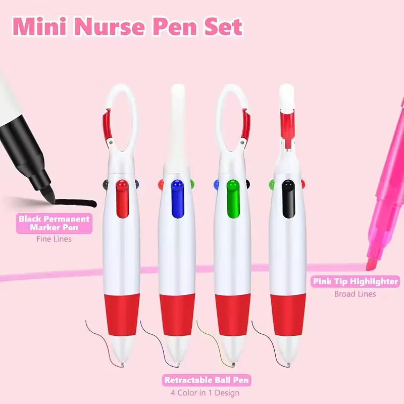 Nurse Pen Set - 2 Sets Zinc Alloy Retractable Ballpoint Pens, Permanent Markers, Highlighters, Compact Foldable Scissors, Badge Reel Holder Clips, Keychain Clips - Healthcare Pros Multi-Tool Pack Office Stationery, Thoughtful Gift, Graduations, Adults, Of