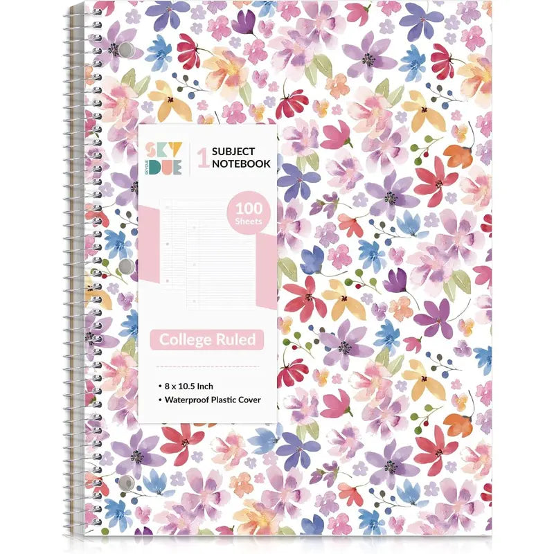 8"x10.5" Spiral Notebook - College Ruled 100 Sheets, 1 Subject Notebook for School & Office, 3-Hole Punched Paper, Floral Design