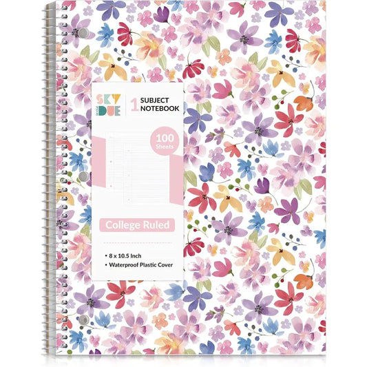 8"x10.5" Spiral Notebook - College Ruled 100 Sheets, 1 Subject Notebook for School & Office, 3-Hole Punched Paper, Floral Design