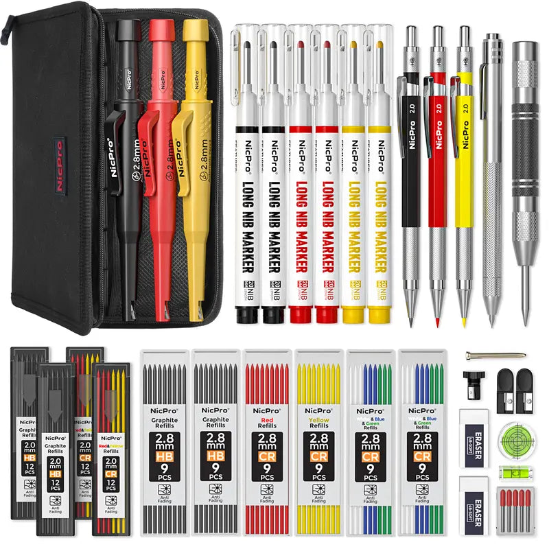 Nicpro CP3000 Series Mechanical Carpenter Pencil Set - 2.0mm, Sharpener, Refills, Deep Hole Long Tip Markers, Carbide Scriber (Marks Glass & Metal), Office Stationery, Drawing Supplies for Handyman Woodworking Precise Marking