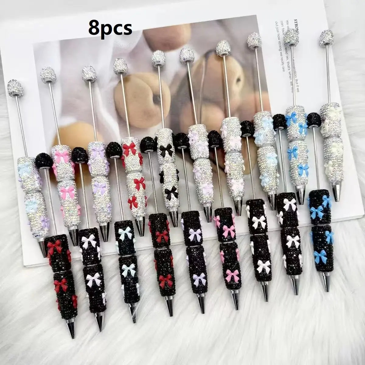 8-Pack DIY Bow Diamond Beaded Pens, Ink Creative Holiday Stationery, Fashion Writing Office Supplies, Elegant Valentine's Gift, Glitter Gel Pens