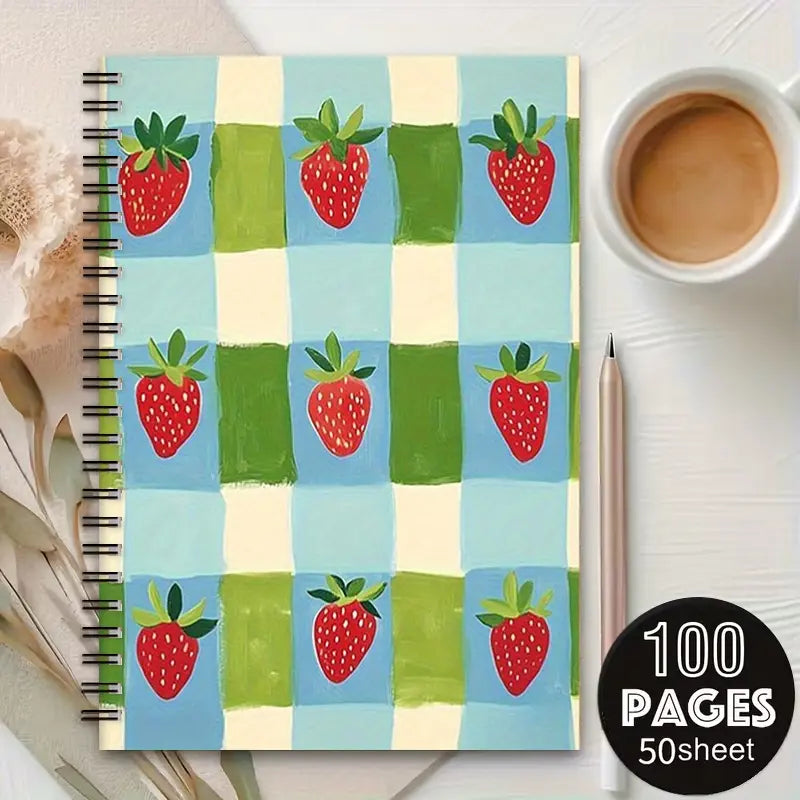 1 Spiral Notebook 5.7x8.26 Inch, Cute Strawberry Plaid Design, Aesthetic Notebook, Lined Pages, Durable Coil Binding, Perfect for Summer Camp Journal, Travel Notes, Daily Planner, Back to School Gift