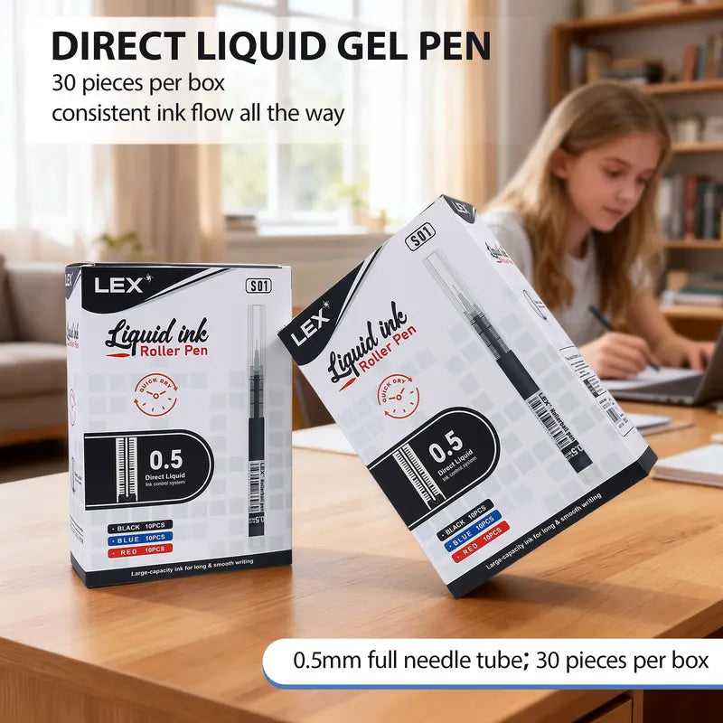 30-Pack 0.5mm Direct Liquid Quick-Dry Ballpoint Pens, Black/Blue/Red Ink, for Students, School & Office Writing Tasks, Office Stationery School Supplies Shopping Essentials sohochic