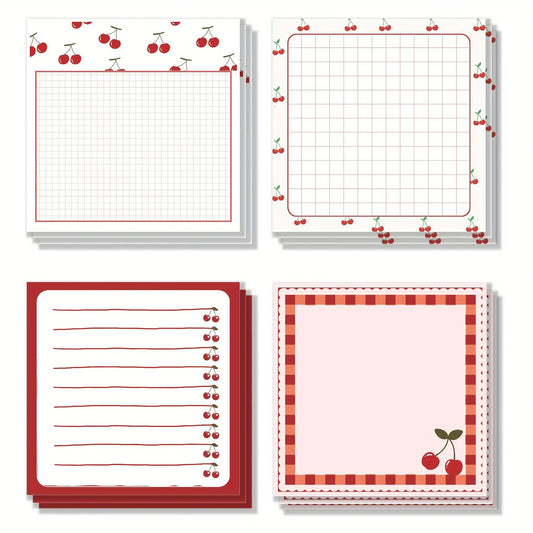 Cherry Themed Sticky Notes, Thick Material and Removable, 4 Packs/set, 200 Sheets Total, Ideal for Planning, Work, Daily Memos, Multiple Uses, Office Supplies