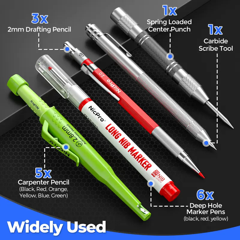 Nicpro CP3000 Series Mechanical Carpenter Pencil Set - 2.0mm, Sharpener, Refills, Deep Hole Long Tip Markers, Carbide Scriber (Marks Glass & Metal), Office Stationery, Drawing Supplies for Handyman Woodworking Precise Marking