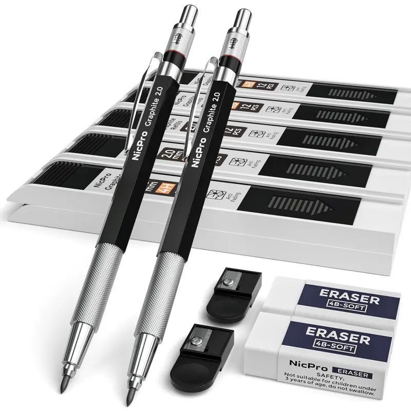 Nicpro Art Drafting Pencils Set, Multi-Size Metal Pencils (0.5/0.7/0.9) & 3-Pack 2mm Lead Holder with 11 Tube 2mm Graphite (6B/4B/2B/HB/2H/4H) Sketching Tool, Lead Refill Kit & Case