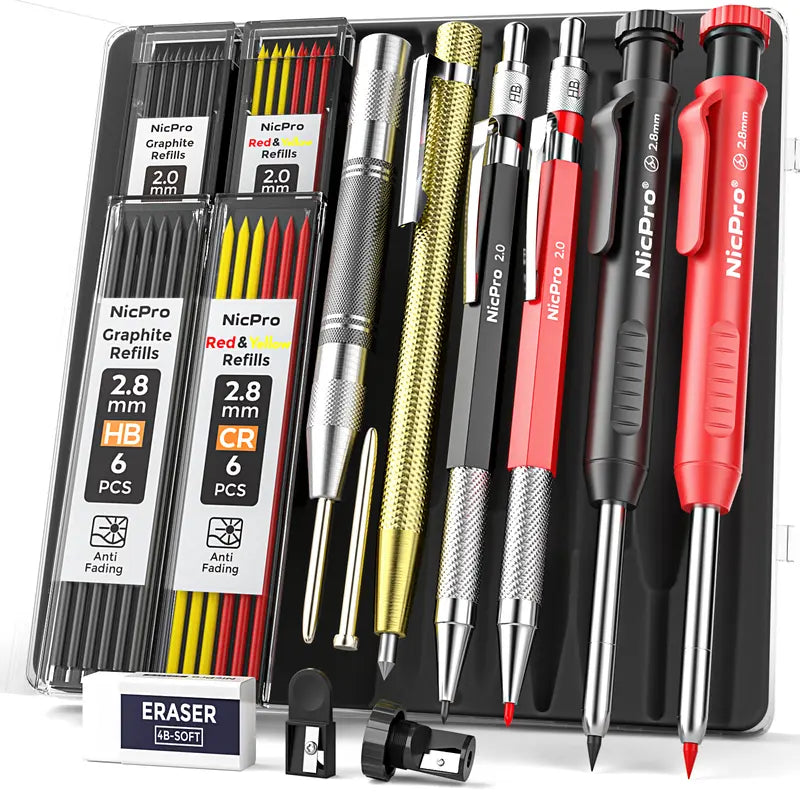 Nicpro 6+40 Pieces Mechanical Pencils Refill Kit - Heavy Duty Portable Pencils Set with Sharpener, Automatic Center Punch, Carbide Scribe Tool & Case for Architects