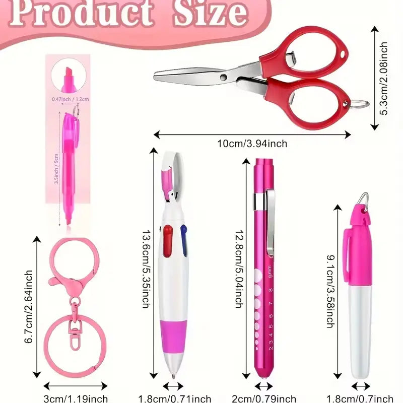 Nurse Pen Set - 2 Sets Zinc Alloy Retractable Ballpoint Pens, Permanent Markers, Highlighters, Compact Foldable Scissors, Badge Reel Holder Clips, Keychain Clips - Healthcare Pros Multi-Tool Pack Office Stationery, Thoughtful Gift, Graduations, Adults, Of
