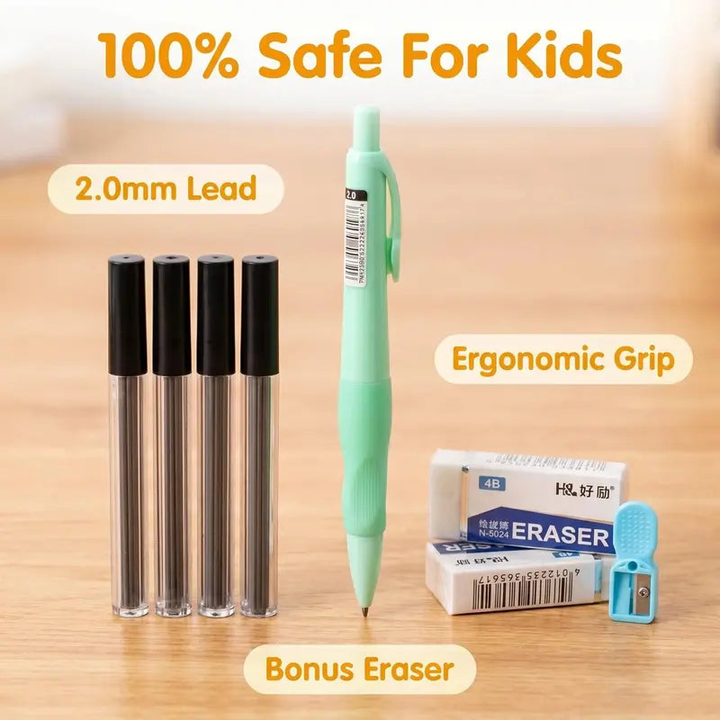 Children's Large Grip Posture Correction Pencils Set - 3 Pencils, 80x2.0mm Lead Refills, 3 Erasers, 1 Sharpener, Grip Training, Durable, Multi Purpose Pens, Back to School Office Stationery for Writing & Myopia Prevention