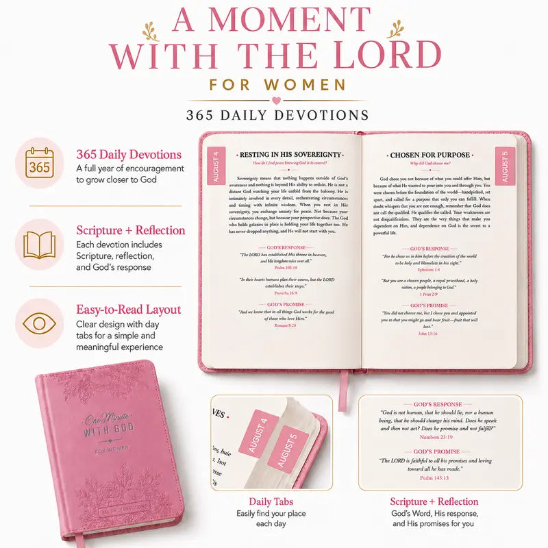 One Minute with God for Women, 365-Day Women’s Study Bible, Full-Color Embossed Faux Leather Hardcover, Daily Devotional Prayer Journal, Bible Study Book, Christmas Gift for Women, Inspirational Bible Verses