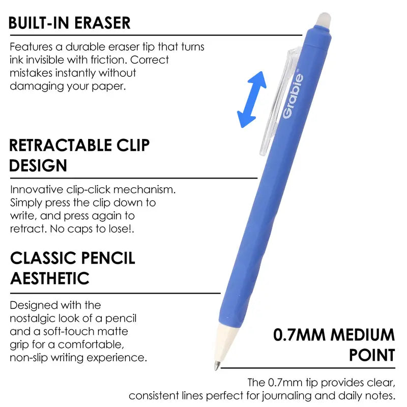 Grabie Medium Point Retractable Erasable Gel Pen Set (6-Pack) - Back to School, Reusable Ink Pens for College & Elegant Students, Note Taking Tools, Reusable Pen, Class Reward Gift Idea, School Supplies