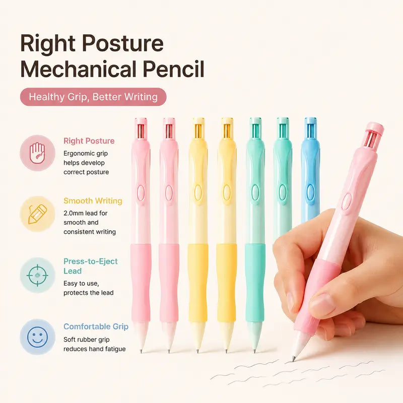 Children's Large Grip Posture Correction Pencils Set - 3 Pencils, 80x2.0mm Lead Refills, 3 Erasers, 1 Sharpener, Grip Training, Durable, Multi Purpose Pens, Back to School Office Stationery for Writing & Myopia Prevention