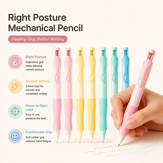 Children's Large Grip Posture Correction Pencils Set - 3 Pencils, 80x2.0mm Lead Refills, 3 Erasers, 1 Sharpener, Grip Training, Durable, Multi Purpose Pens, Back to School Office Stationery for Writing & Myopia Prevention