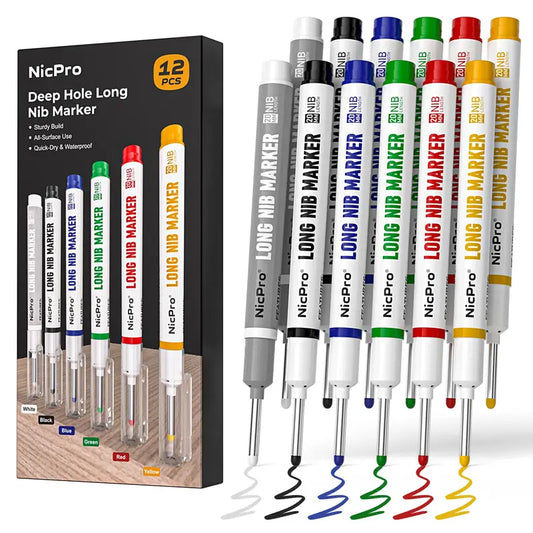 Nicpro Long Nib Set - 20mm Nib Deep Hole Construction Markers with Quick Dry Pigment-Based Ink, Vivid Colors, Waterproof Carpenter Tool for Metal, Steel, Tile, Glass, Woodworking