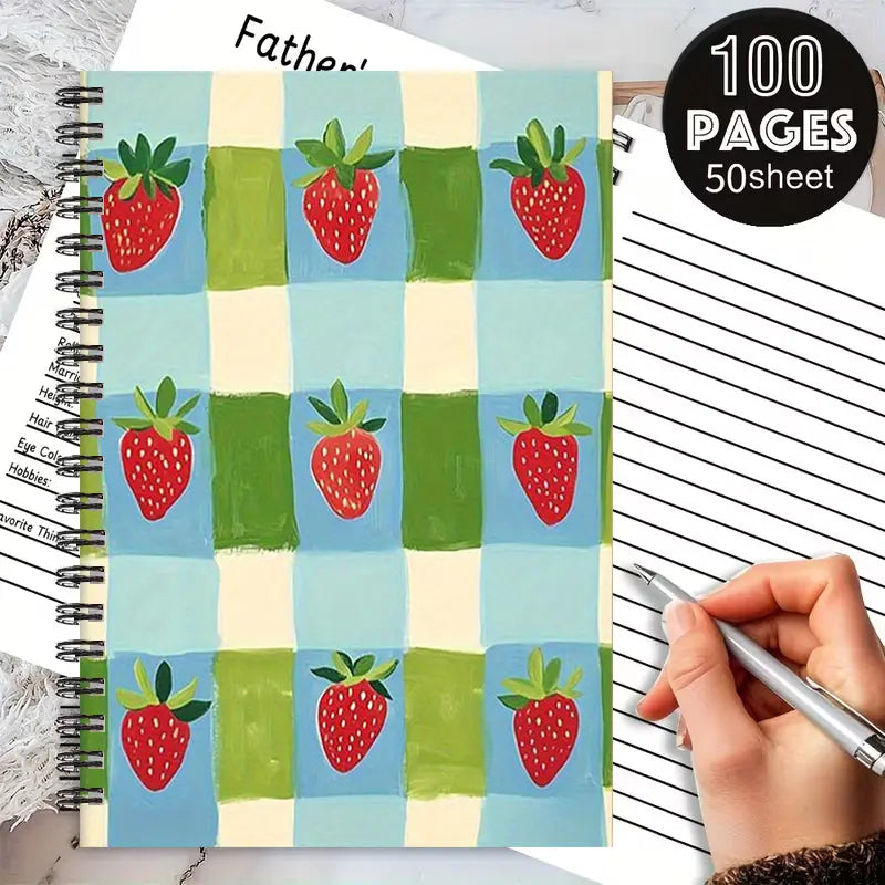 1 Spiral Notebook 5.7x8.26 Inch, Cute Strawberry Plaid Design, Aesthetic Notebook, Lined Pages, Durable Coil Binding, Perfect for Summer Camp Journal, Travel Notes, Daily Planner, Back to School Gift