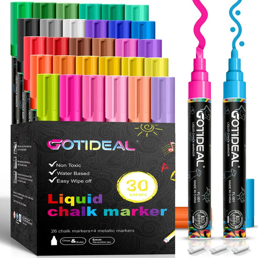GOTIDEAL Liquid Chalk Markers Colored Pens Set - 30 Vibrant Neon Colors, 6/10mm Tips, Wet/Dry Erase, Dust-Free for Chalkboards, Windows, Glass (Blue, Pink), 4th of July Use, Suitable for All Ages, Vibrant Ink, High Pigment