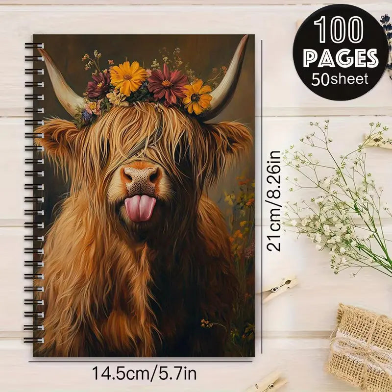 1 Spiral Notebook, 5.7x8.26 inch, Highland Cow Design, Aesthetic Notebook, Perfect for Daily Journal, Travel Notes, Camping Log, Birthday Gift, Christmas Present, Stationery for Cow Lovers, Students, Office Workers, Durable Spiral Binding
