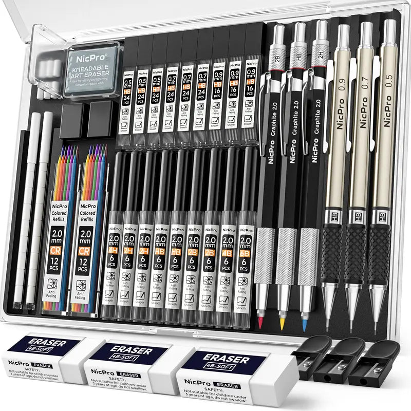 Nicpro 35Pack Art Mechanical Pencil Set, 3 Metal Drafting Pencil 0.5 mm & 0.7 mm & 0.9 mm & 3 Pack 2mm Lead Holder (6B 4B 2B HB 2H 4H Colors) for Sketching Drawing with 20 Tube Lead Refills Case